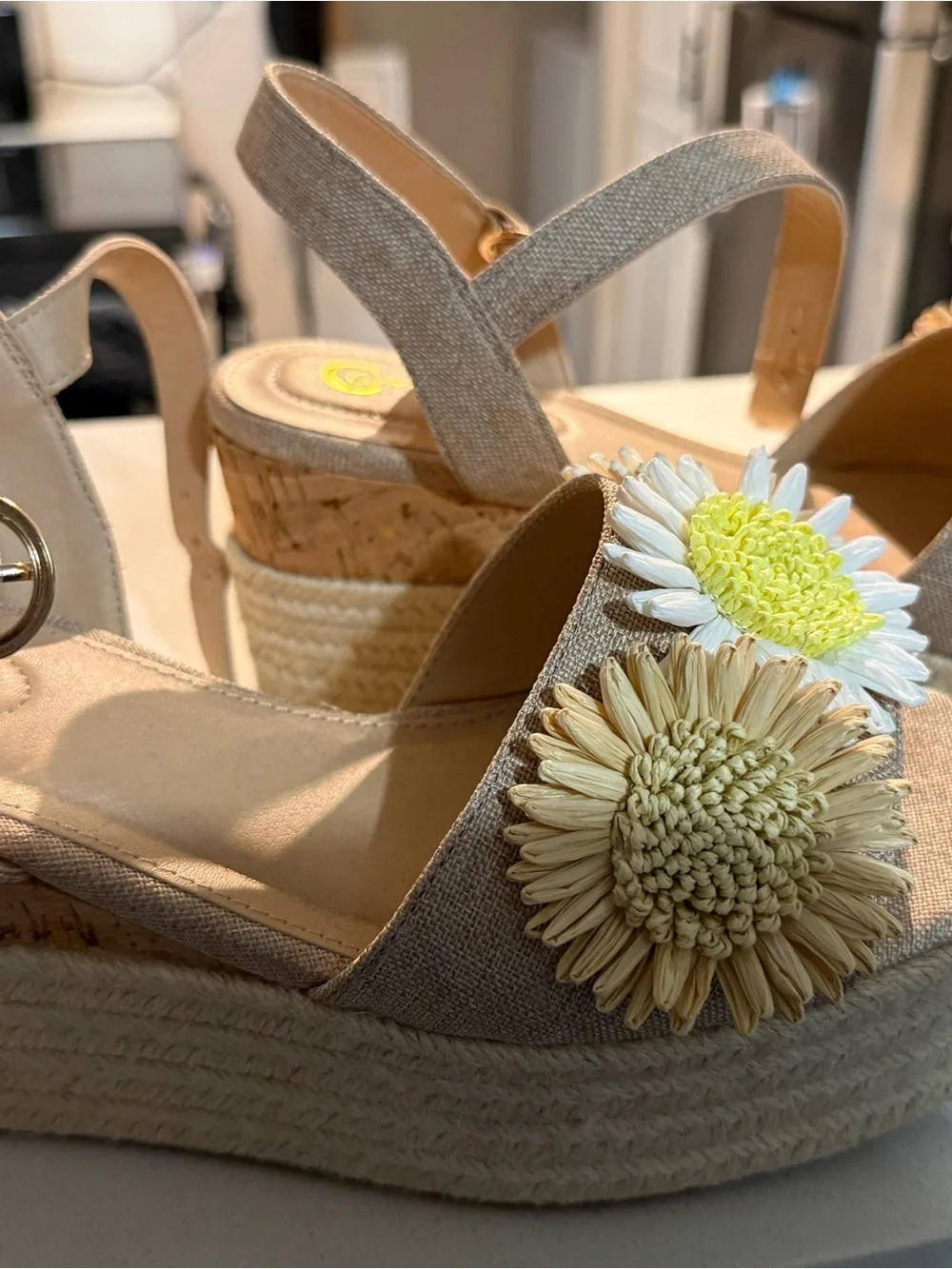 Beige Floral Espadrille Platform Wedge Sandals with Ankle Strap